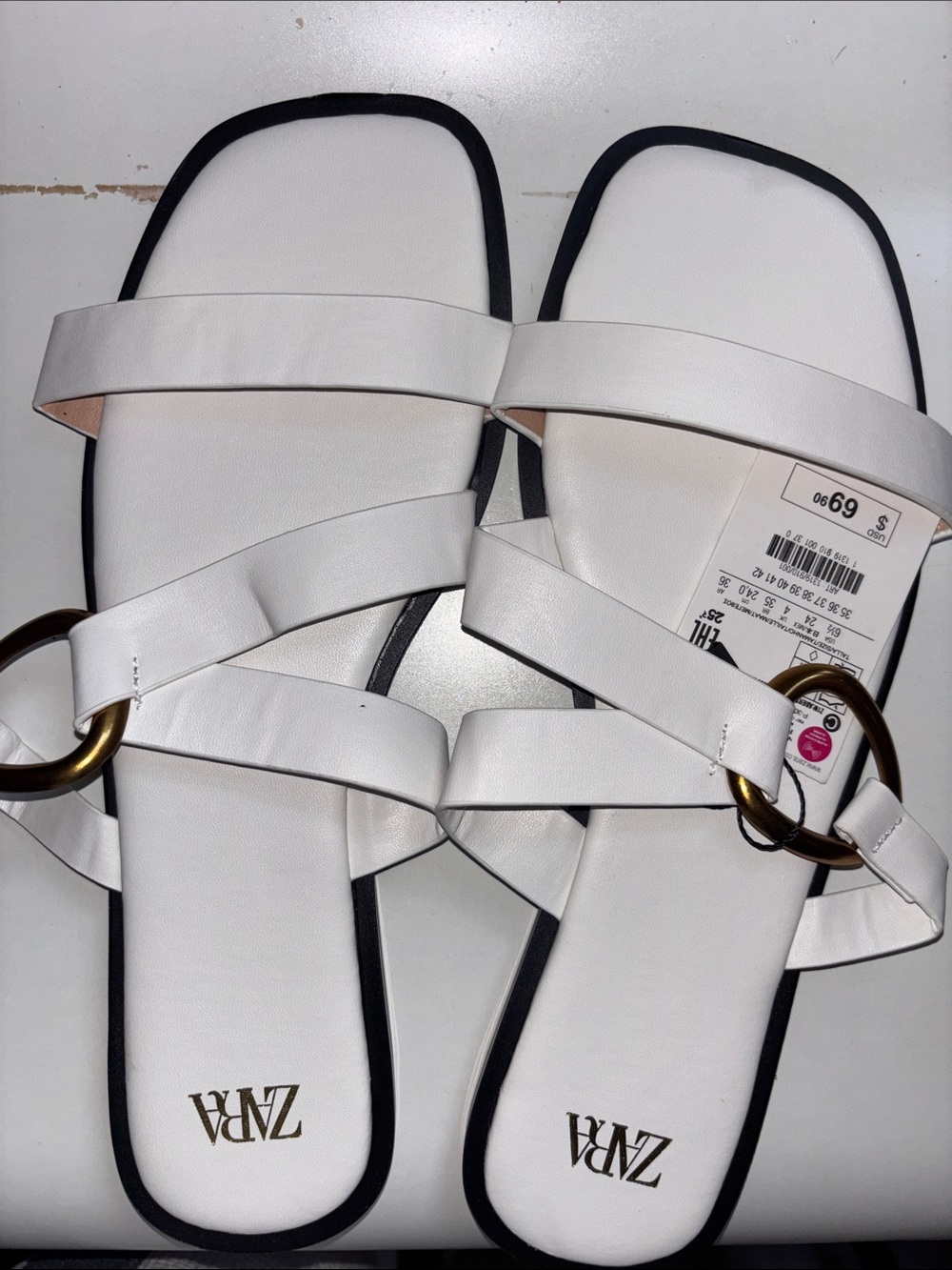 Zara White Strappy Sandals with Gold Ring Accent